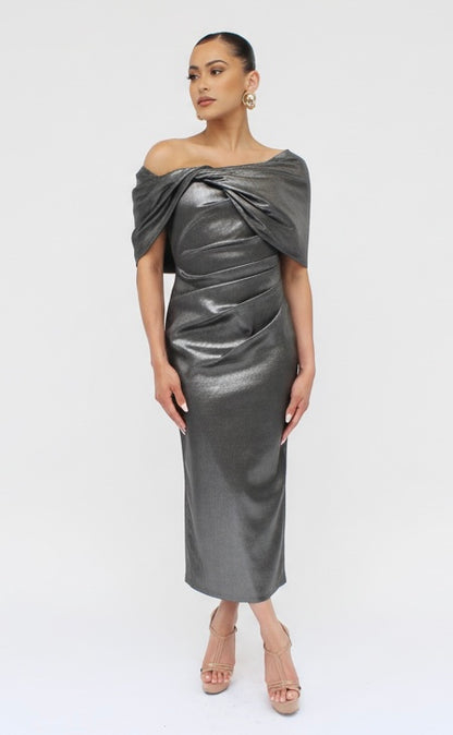 Taffeta twist tea length off shoulder gathered midi back slit dress