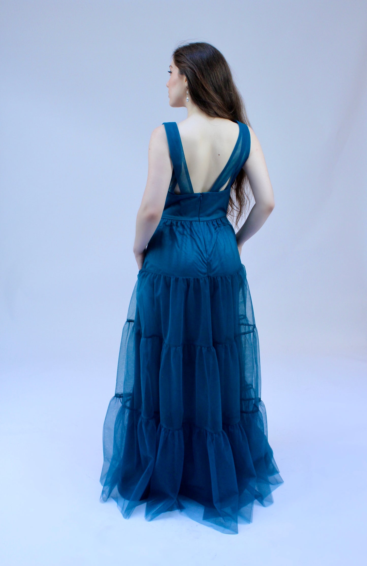 Bliss plunging V cut-out back tulle tiered gown