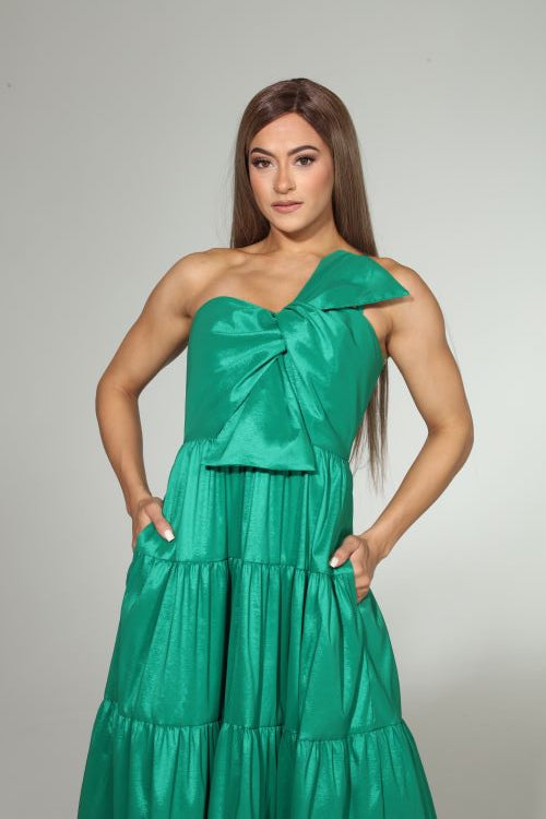 *Pre-Order Linda one shoulder bow taffeta maxi dress with pockets