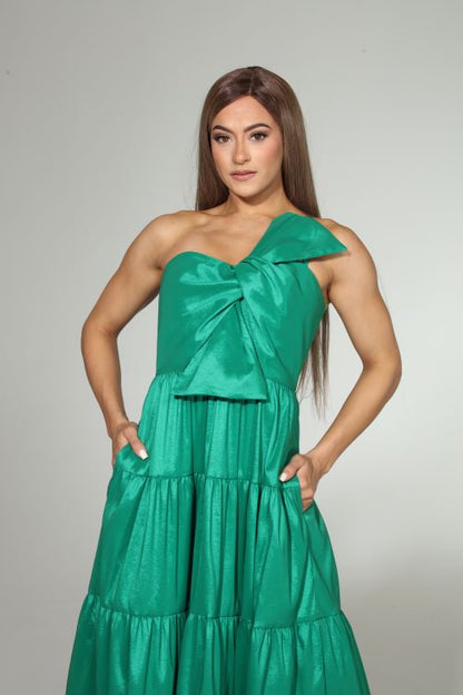 *Pre-Order Linda one shoulder bow taffeta maxi dress with pockets