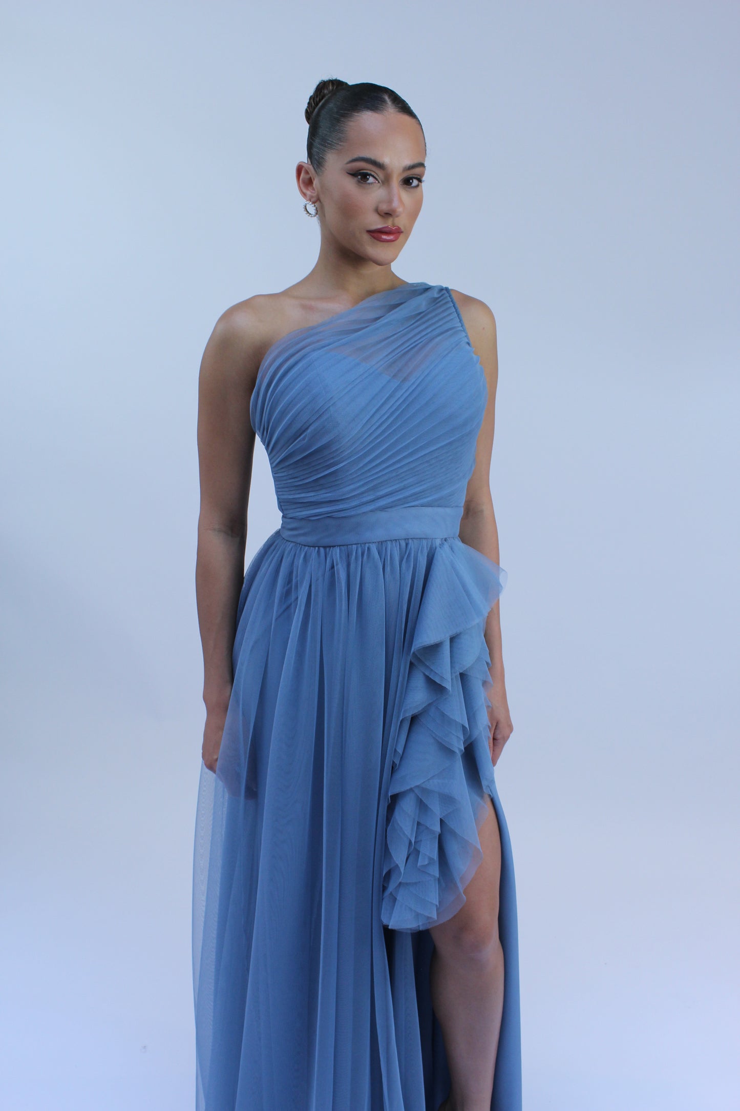 Special embrace one shoulder ruffle tulle slit gown