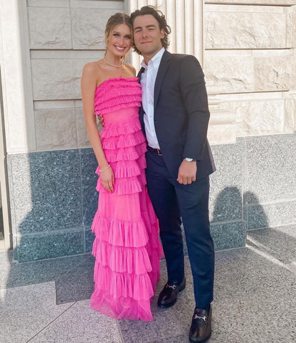 Strapless tulle tiered ruffle maxi dress