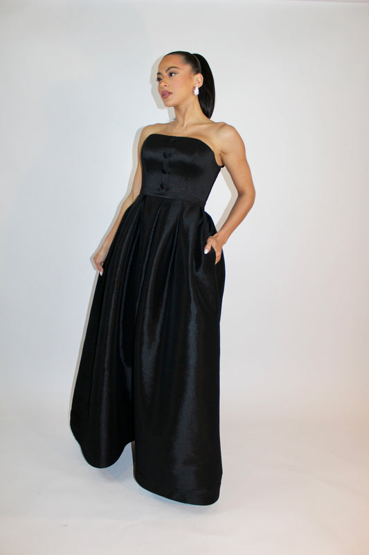 Pre-Order Indulge in luxury taffeta button detail strapless corset gown w pockets