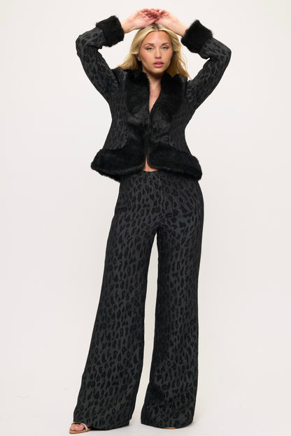 Leopard print and fur trim jacket and high waisted pants set