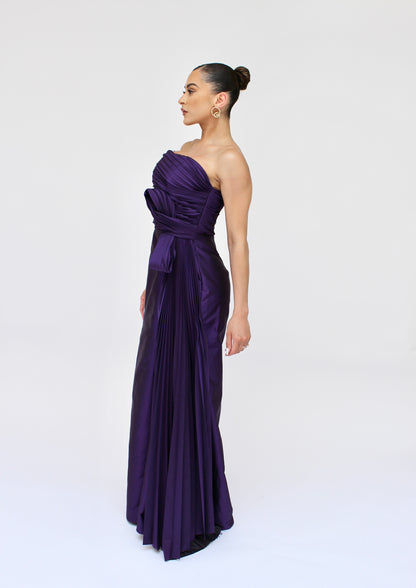 Victorian satin asymmetrical strapless knot detail side slit Ivanka gown