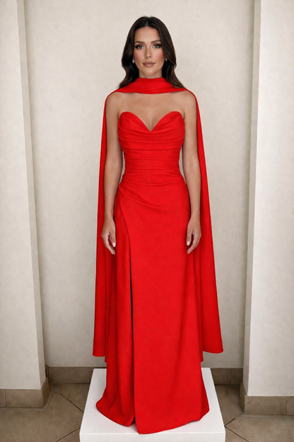 Sweetheart strapless gathered twill slit gown and matching scarf