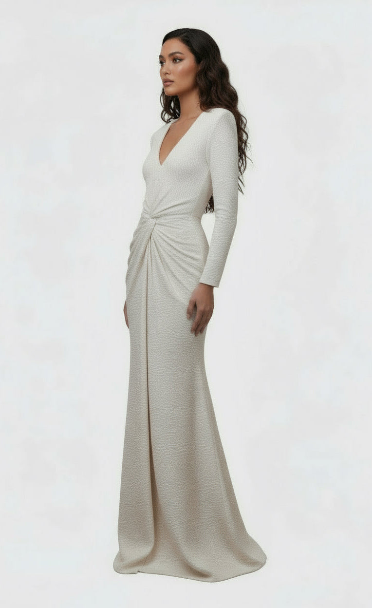 Pearl textured knot front long sleeve slit gown