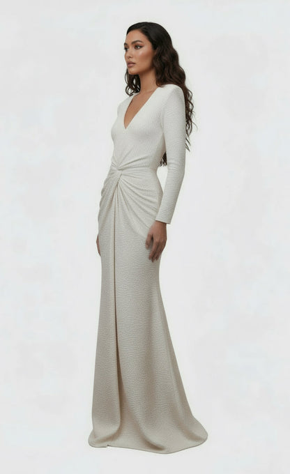 Pearl textured knot front long sleeve slit gown