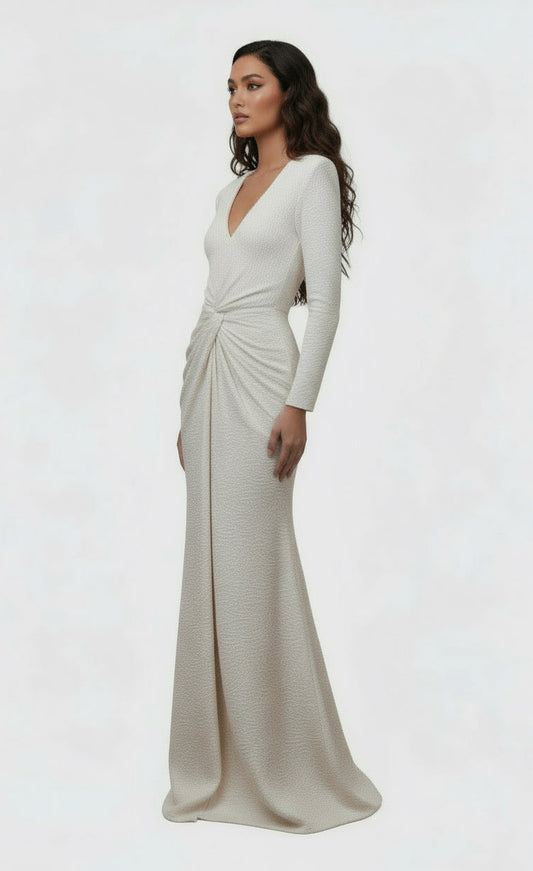 Pearl textured knot front long sleeve slit gown