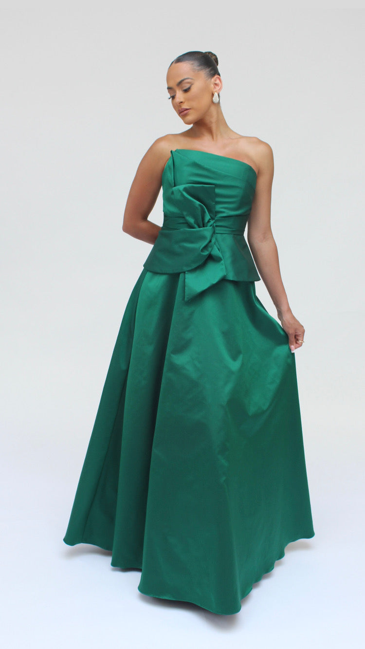 Gia strapless bow taffeta peplum gown