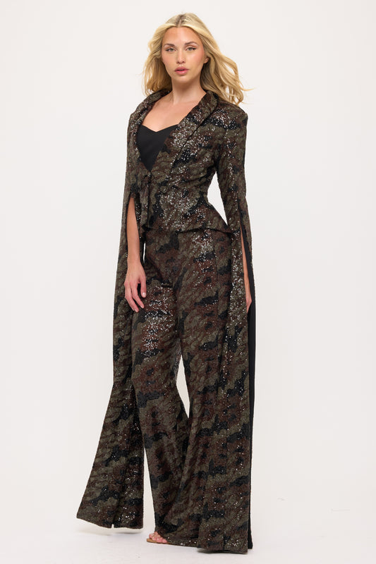 Shining sequin tiger striped split floor length sleeve jacket and high waisted pants suit set