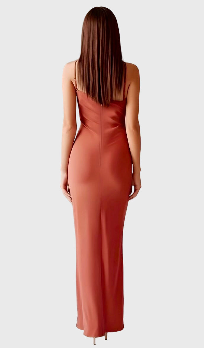 Asymmetrical satin matte gown and draping cape