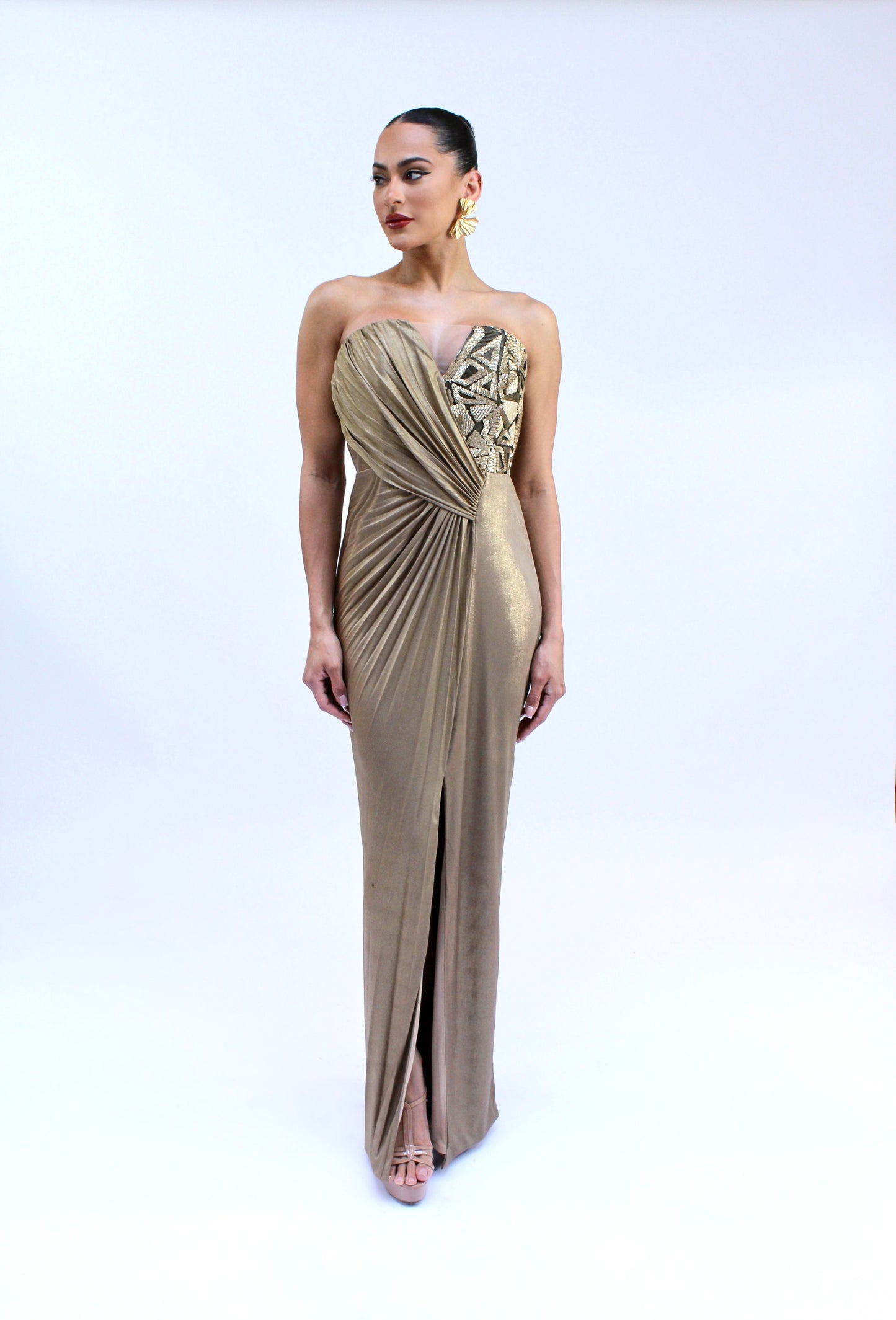 *Pre-Order strapless bronze formal dress