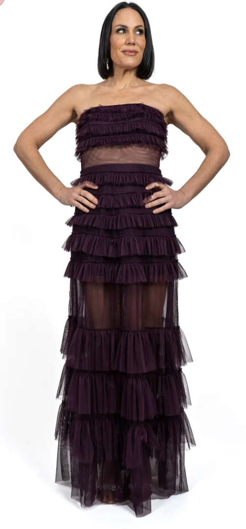 Ruffle layered strapless tulle maxi dress