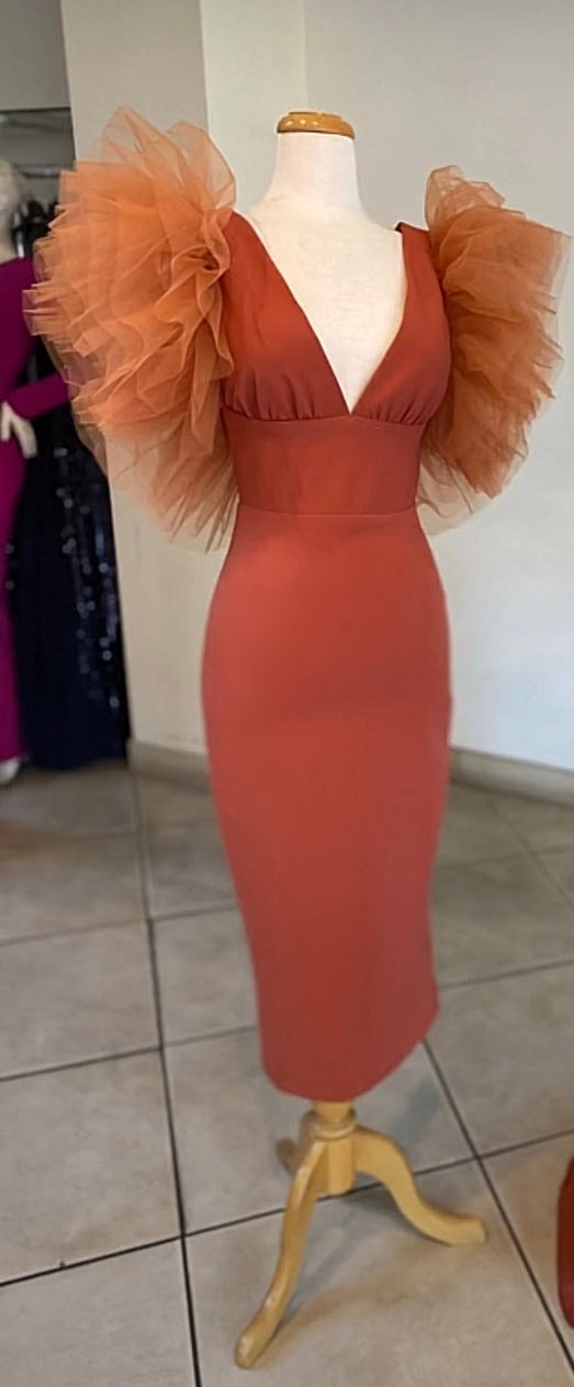 Tulle trim sleeve v-neckline slit back scuba midi dress SMALL / AUTUM GLAZE Tulle trim sleeve v-neckline slit back scuba midi dress SMALL / AUTUM GLAZE