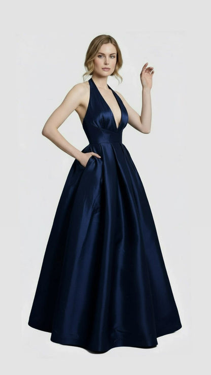 Deep plunging neckline halter taffeta ballgown
