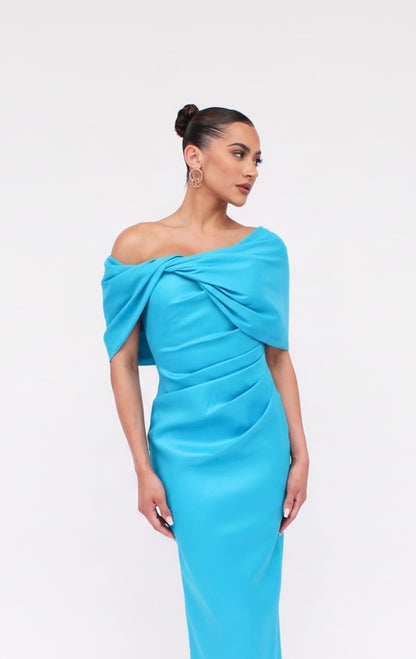 Taffeta twist tea length off shoulder gathered midi back slit dress