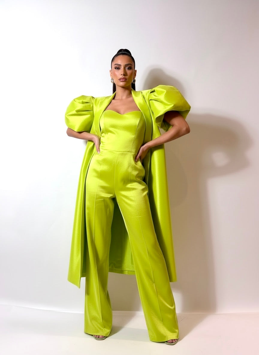 Puff shoulder stretch taffeta cape and jumpsuit set