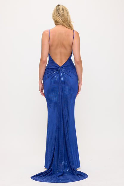 Metallic hourglass open knot back draping silhouette gown