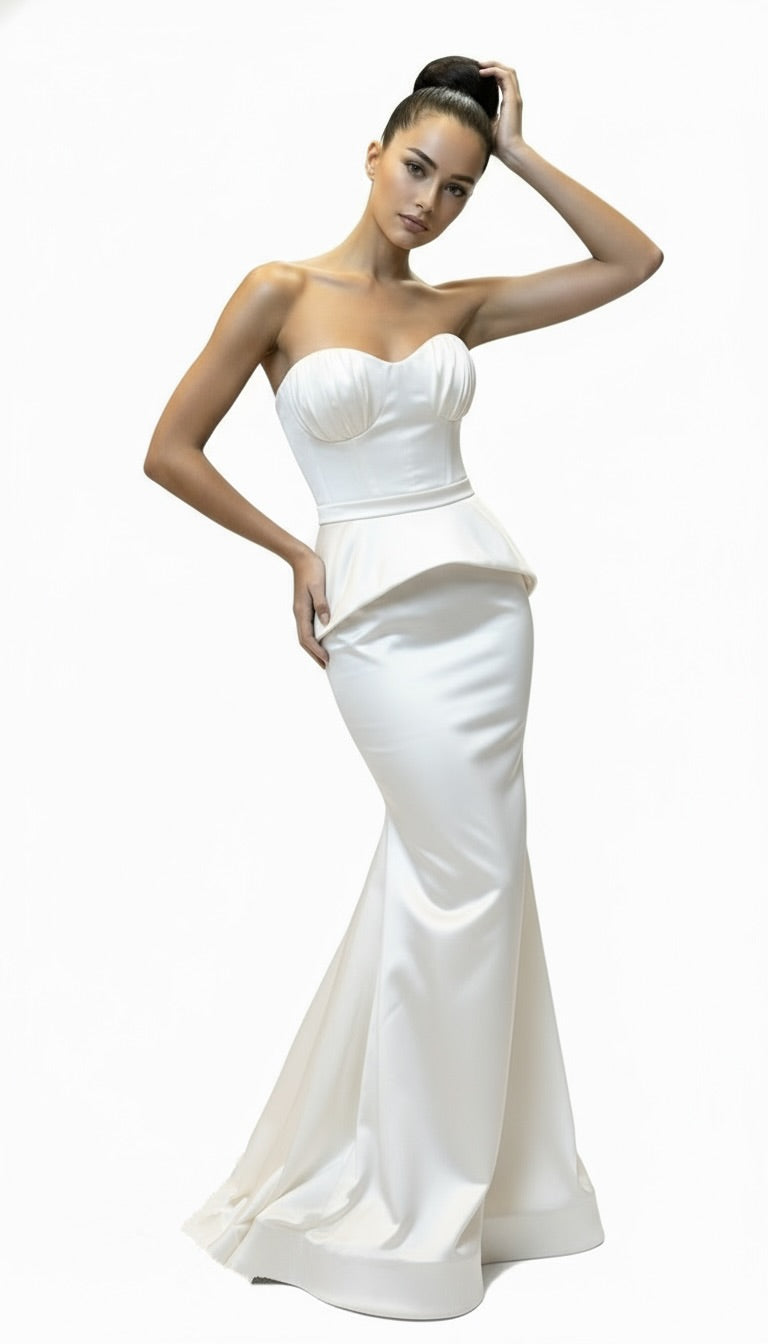 Strapless peplum gathered bust stretch taffeta gown