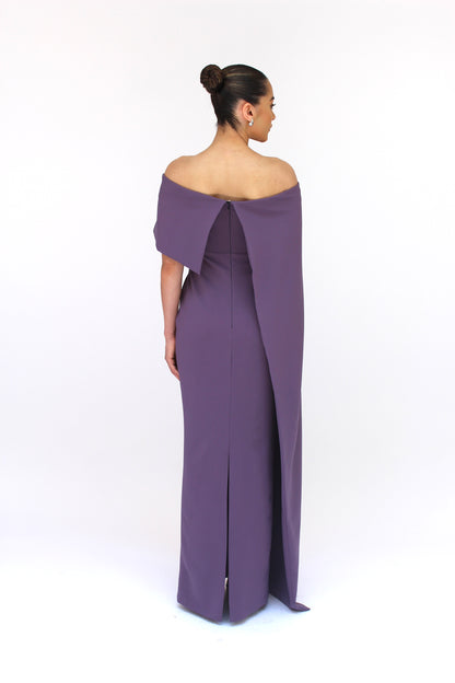 Dramatic elegance off shoulder draped split sleeve dress