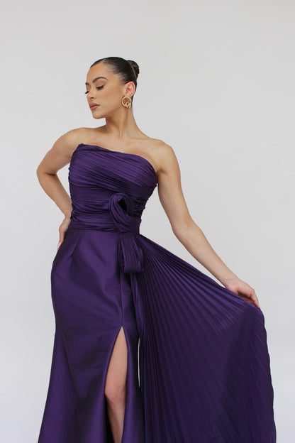 Victorian satin asymmetrical strapless knot detail side slit Ivanka gown