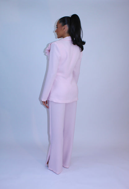 Rose Detail Jacket and High Waisted Side Split Pants Suit Set