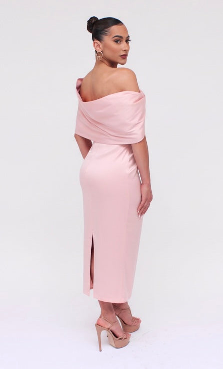 Taffeta twist tea length off shoulder gathered midi back slit dress