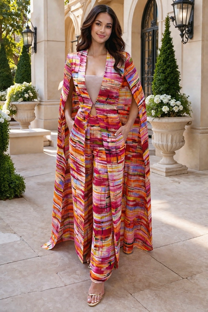 Colorful sunset cape and pants stripe print set