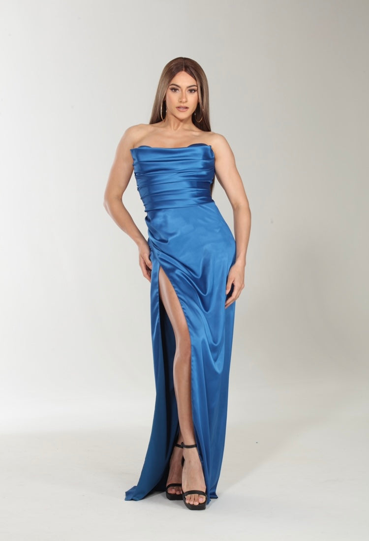 Strapless satin side slit maxi