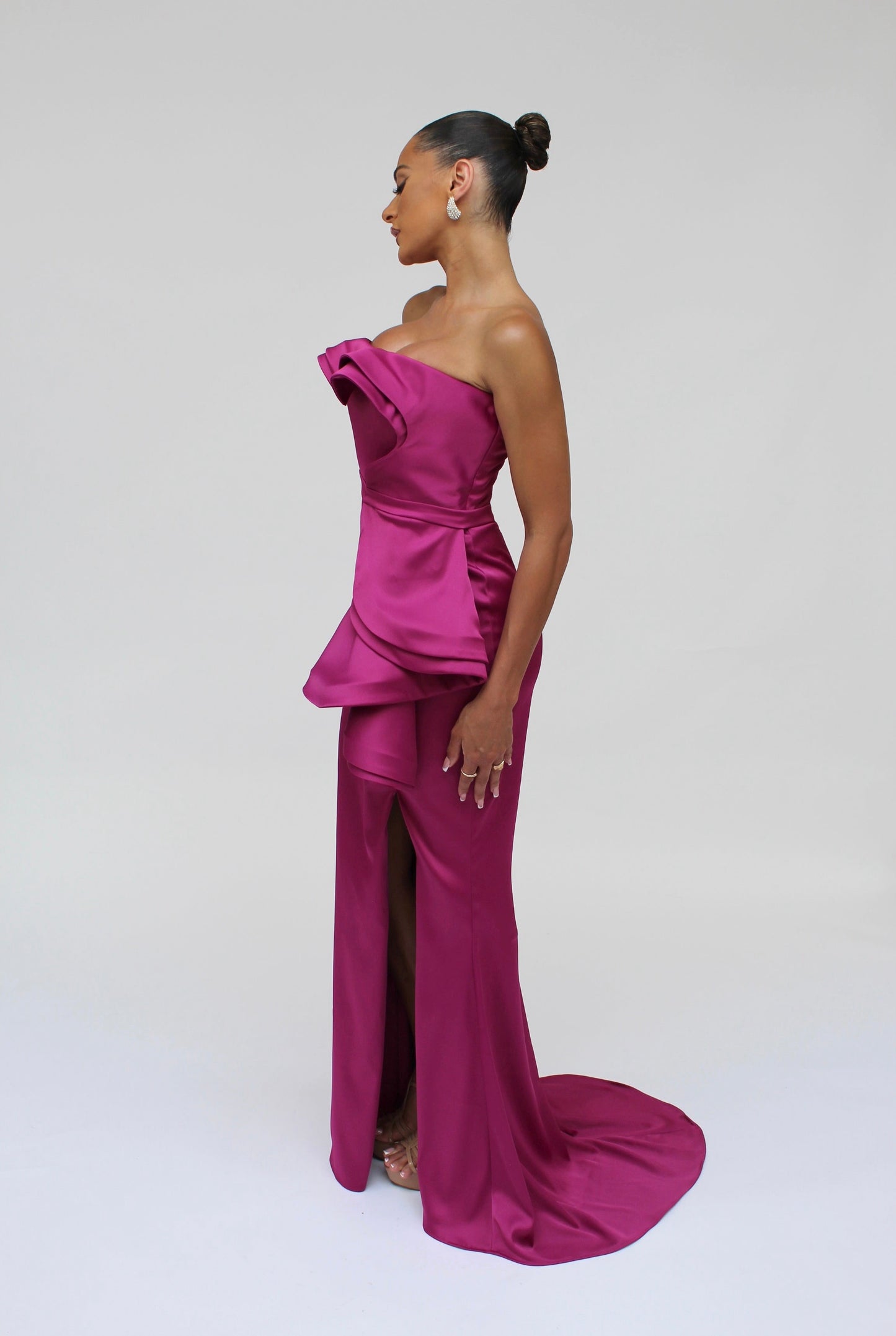 Strapless cascading drape gown