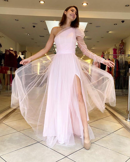 One shoulder front side slit tulle gown