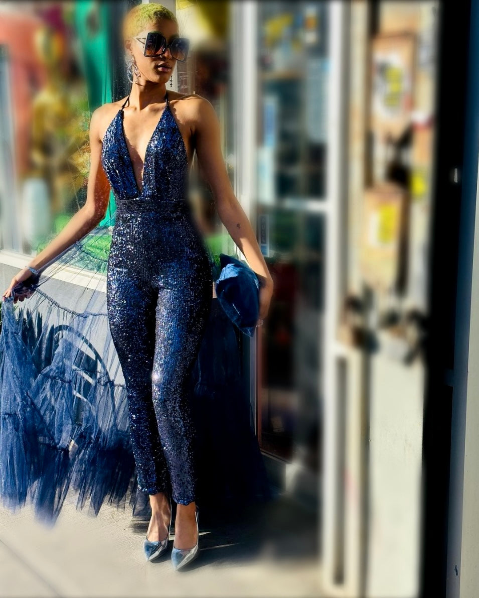 Iconic Elegance sequin bodycon jumpsuit with detachable tulle tiered train