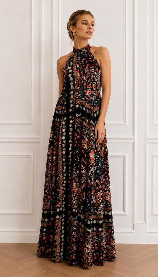 Floral halter open back maxi dress