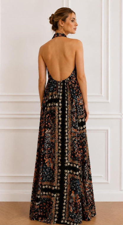 Floral halter open back maxi dress