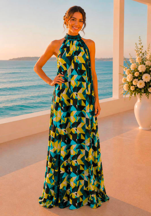 Chiffon print halter open back maxi dress