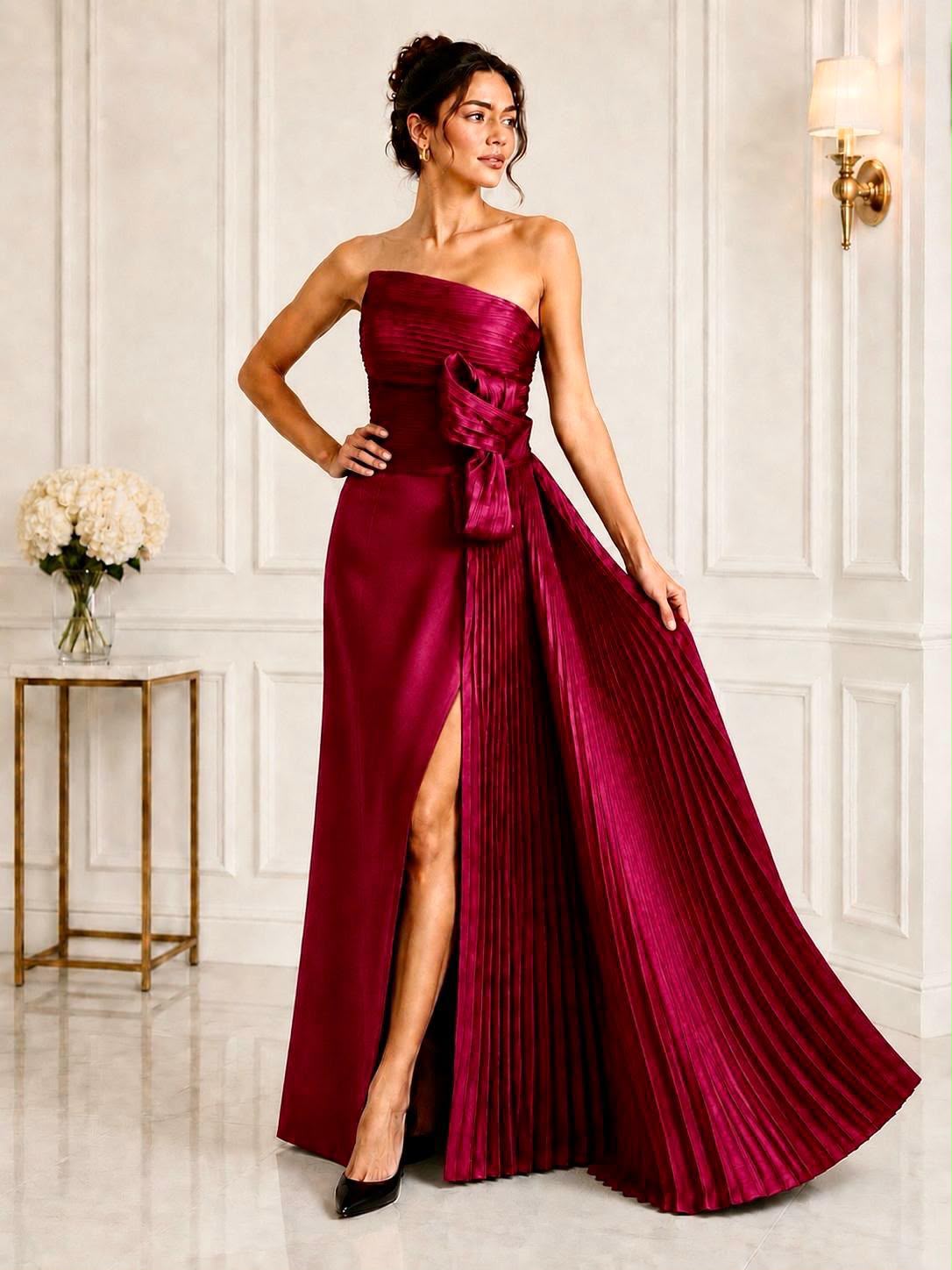 Strapless pleated bow taffeta slit gown