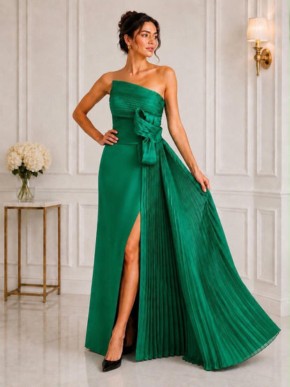 Strapless pleated bow taffeta slit gown