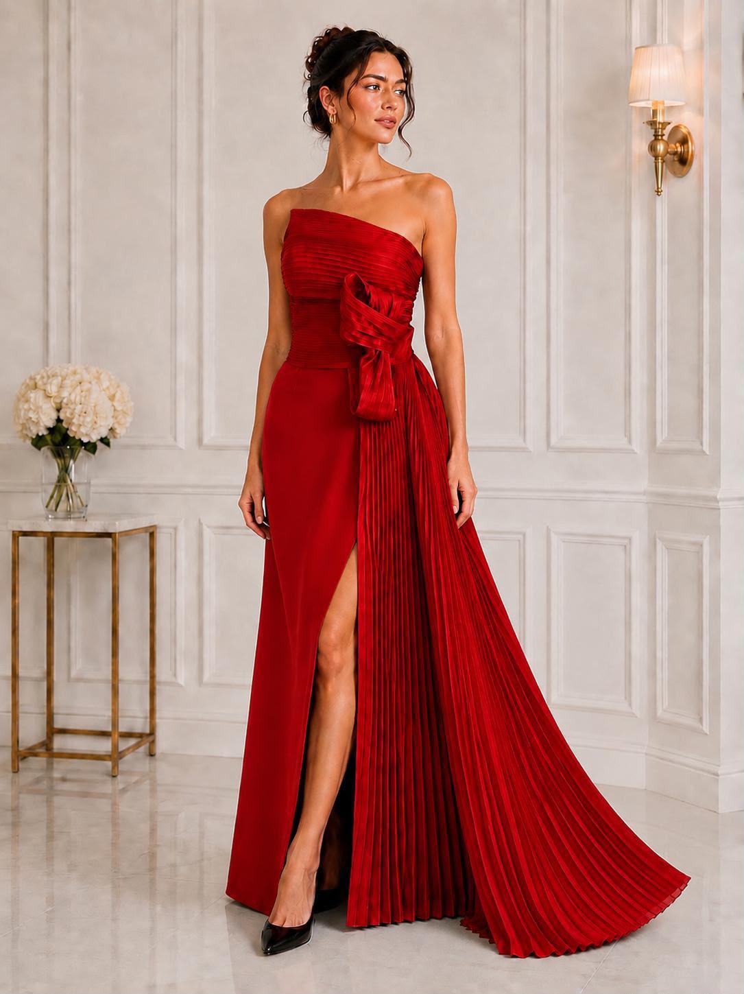 Strapless pleated bow taffeta slit gown