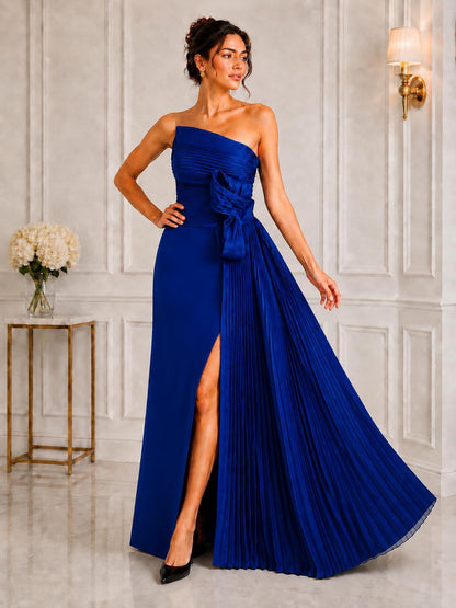 Strapless pleated bow taffeta slit gown