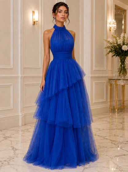 Halter tie back tiered tulle gown