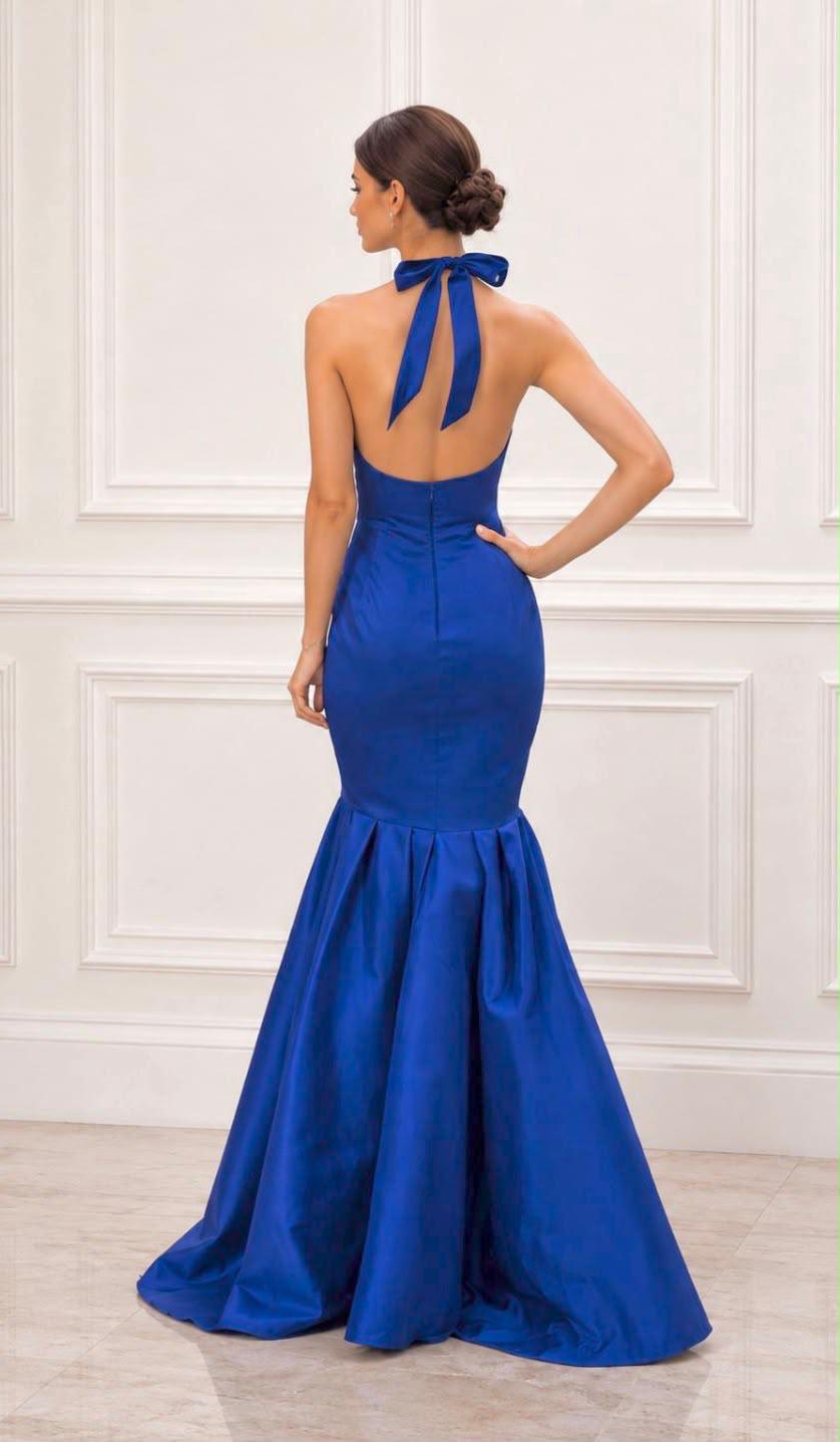 Plunging halter taffeta tie back mermaid gown