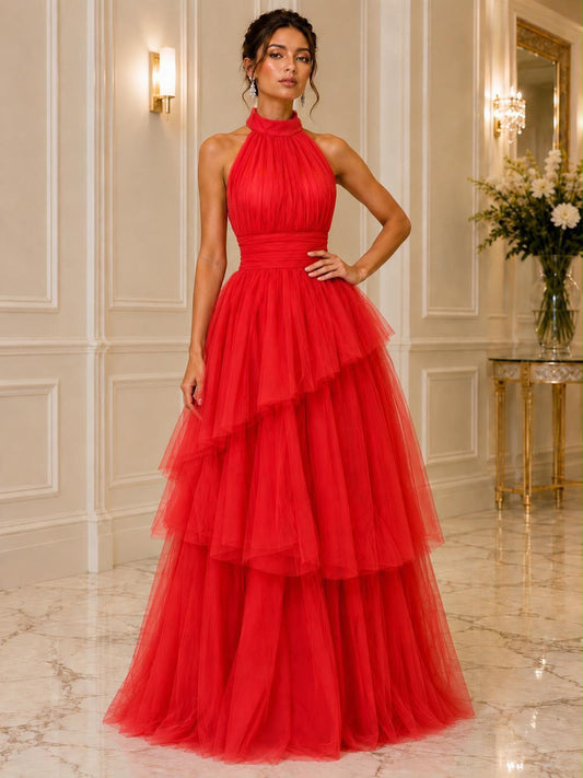Halter tie back tiered tulle gown