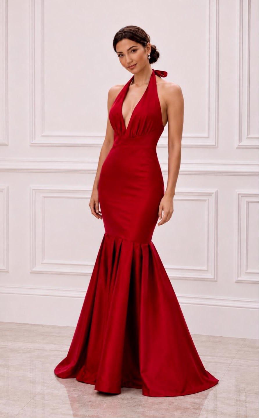 Plunging halter taffeta tie back mermaid gown
