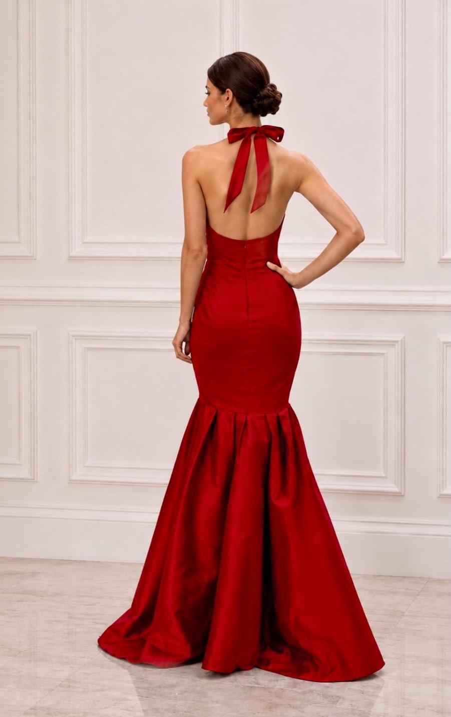 Plunging halter taffeta tie back mermaid gown