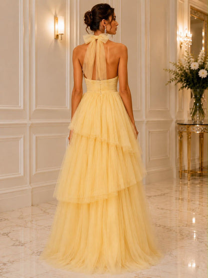 Halter tie back tiered tulle gown
