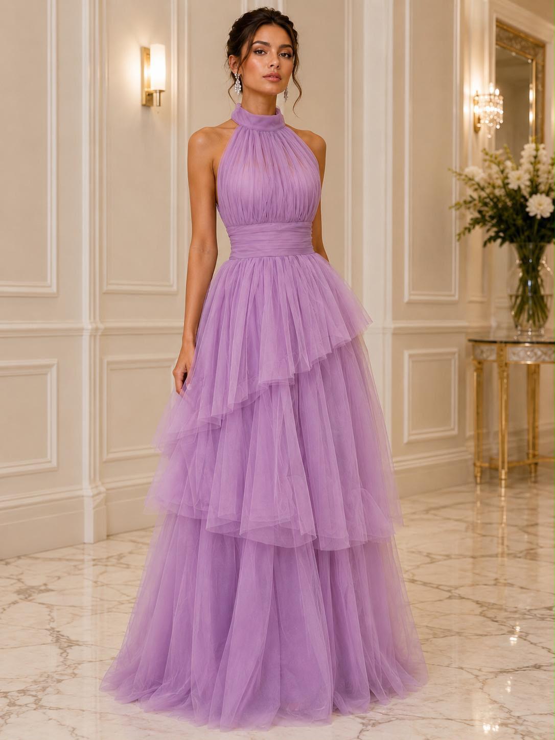Halter tie back tiered tulle gown