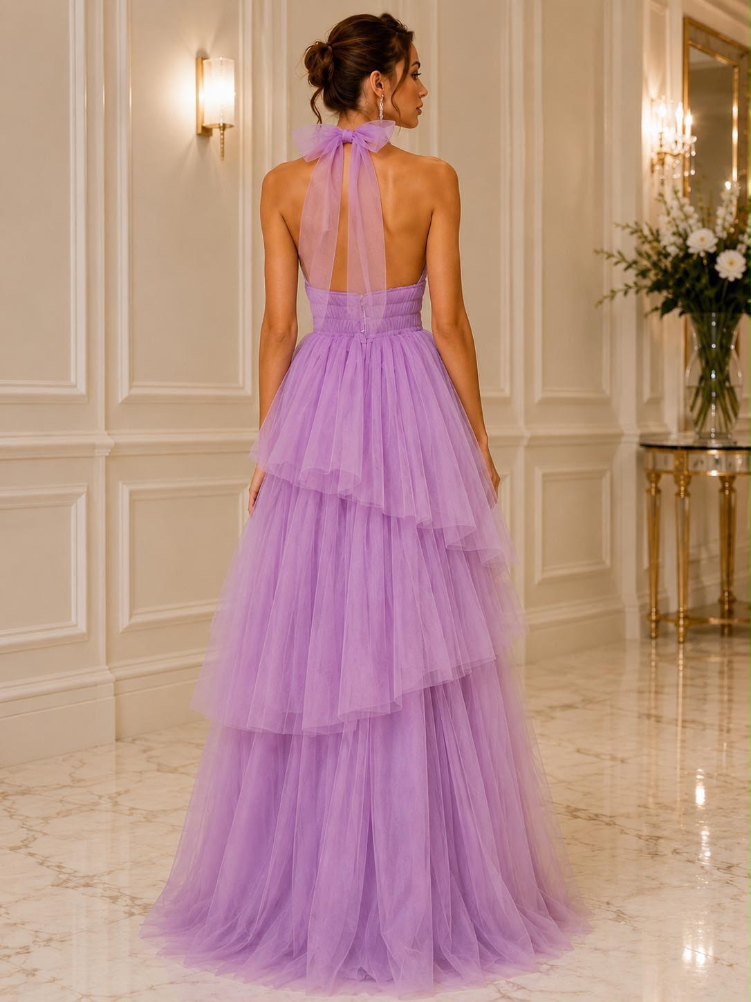 Halter tie back tiered tulle gown