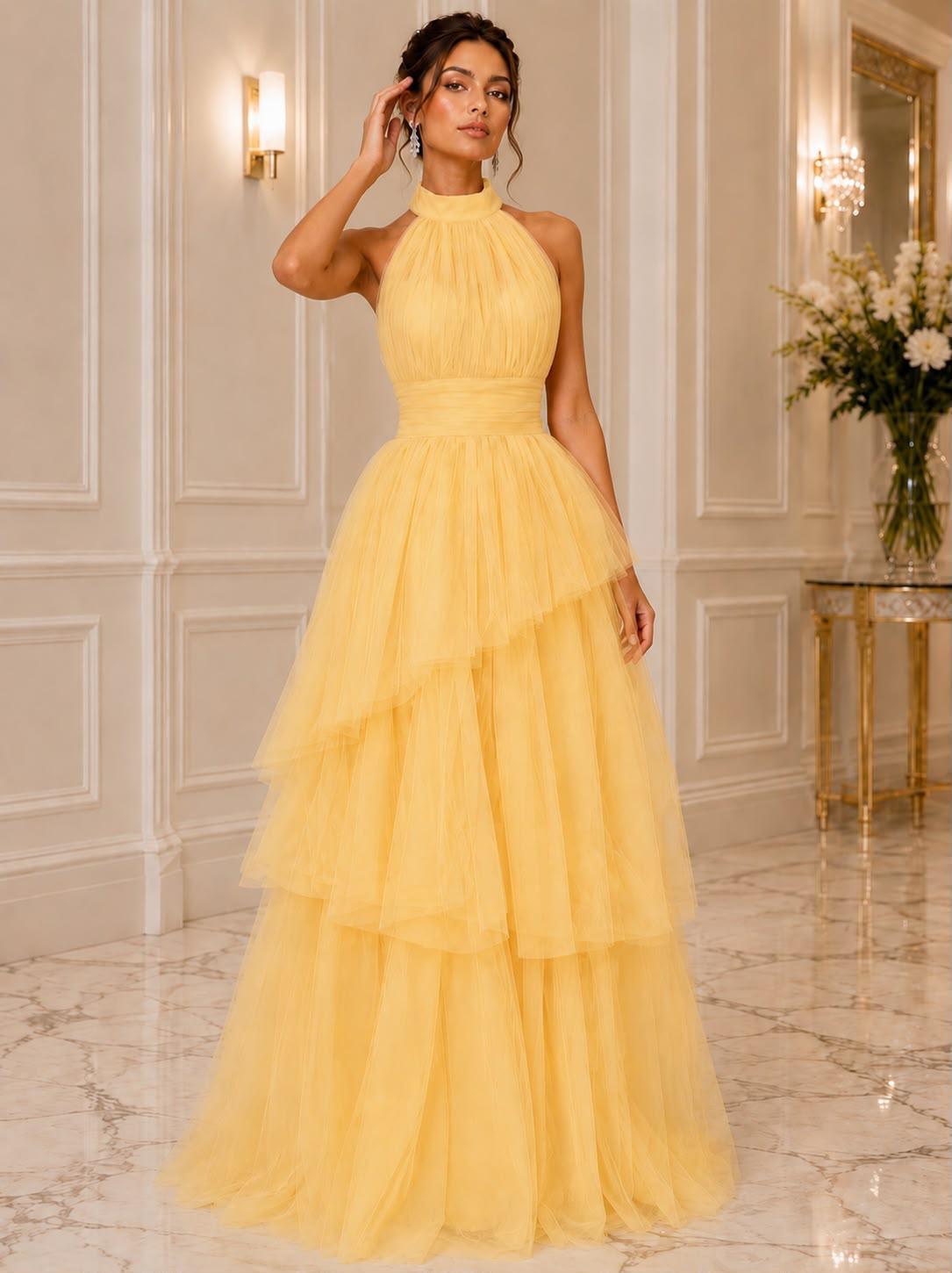 Halter tie back tiered tulle gown