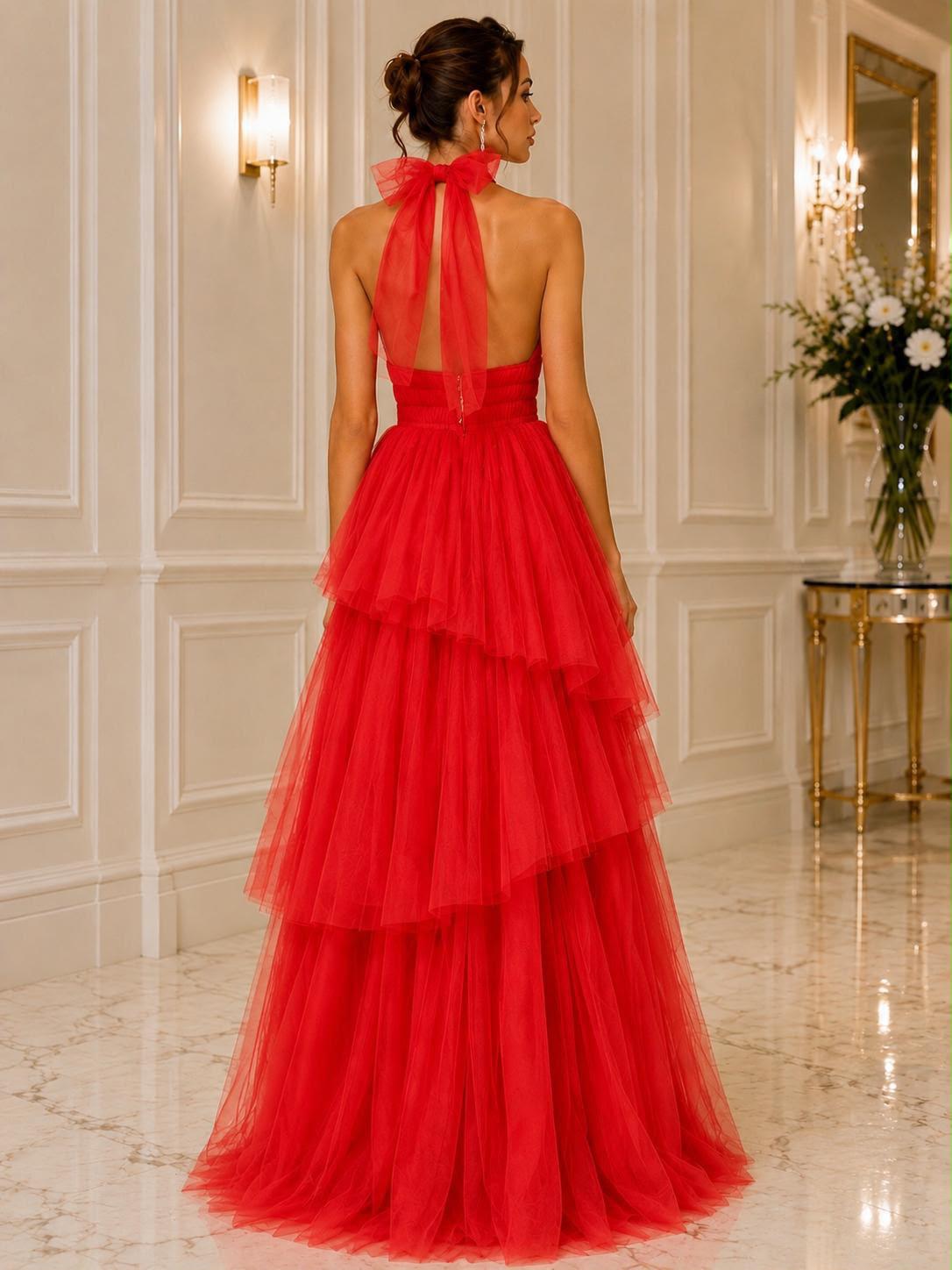 Halter tie back tiered tulle gown